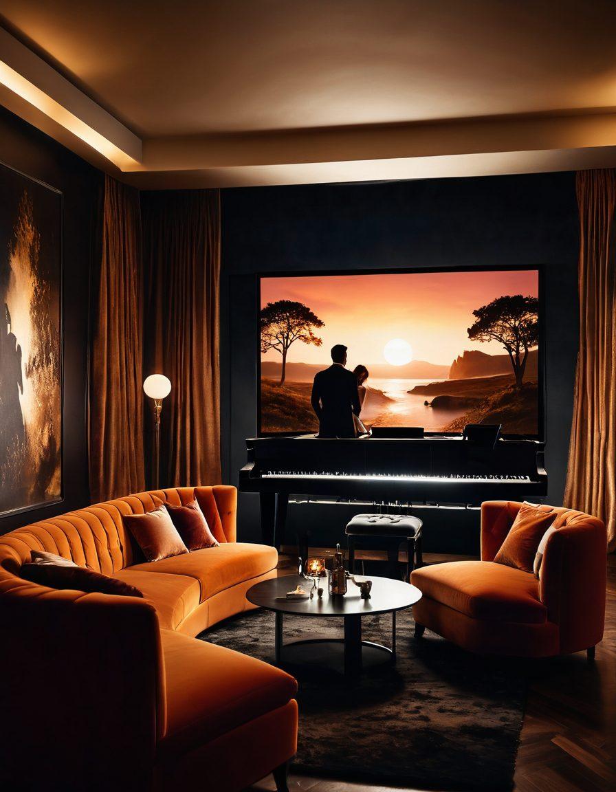 A captivating landscape featuring a mysterious, dimly lit entertainment venue, adorned with plush velvet seating and soft, seductive lighting. Include subtle silhouettes of couples engaged in intimate conversations, while a large screen in the background displays abstract, artistic representations of sensuality. The atmosphere should feel enchanting and inviting, evoking a sense of exploration and allure. super-realistic. warm tones. soft focus.
