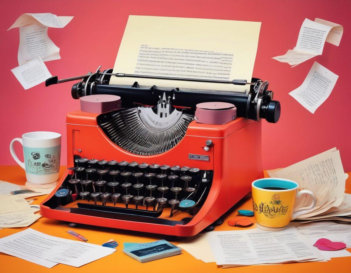 A whimsical illustration of a vintage typewriter with colorful paper spilling out, each sheet featuring playful cartoonish icons representing adult humor and erotic content, like playful caricatures and cheeky symbols. Surrounding the typewriter, a cozy, inviting workspace with warm lighting, coffee mugs, and scattered literary elements. The overall mood should be light-hearted yet slightly seductive, enticing aspiring bloggers to explore the nuances of their craft. vibrant colors. illustration.
