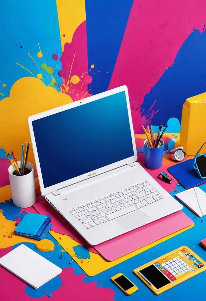 An abstract representation of a vibrant digital landscape showcasing various blog themes such as travel, technology, and lifestyle, filled with colorful elements like paint splashes, icons, and open laptops, symbolizing exploration. The background should blend hues of blue, pink, and yellow to evoke creativity and inspiration. The image should also have a modern, sleek design, capturing the essence of adult blogging. super-realistic. vibrant colors. 3D.